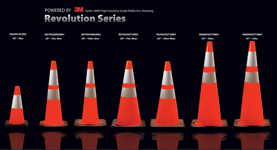 Revolution Series JBC traffic cones, powered by 3M series 3840 high intensity grade reflective sheeting